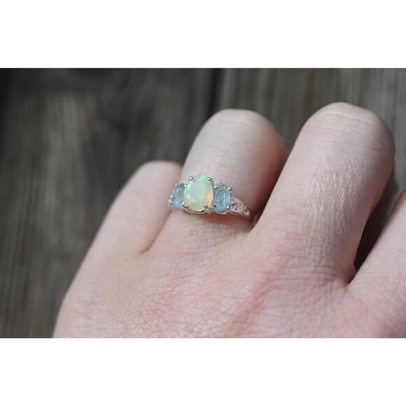 Aquamarine and opal engagement ring sterling silver size 3 4 5 6 7 8 9 10 11 12 - Picture 2 of 7